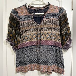 Lucky Brand Patchwork Boho Sheer Sleeve Top Size L Women’s